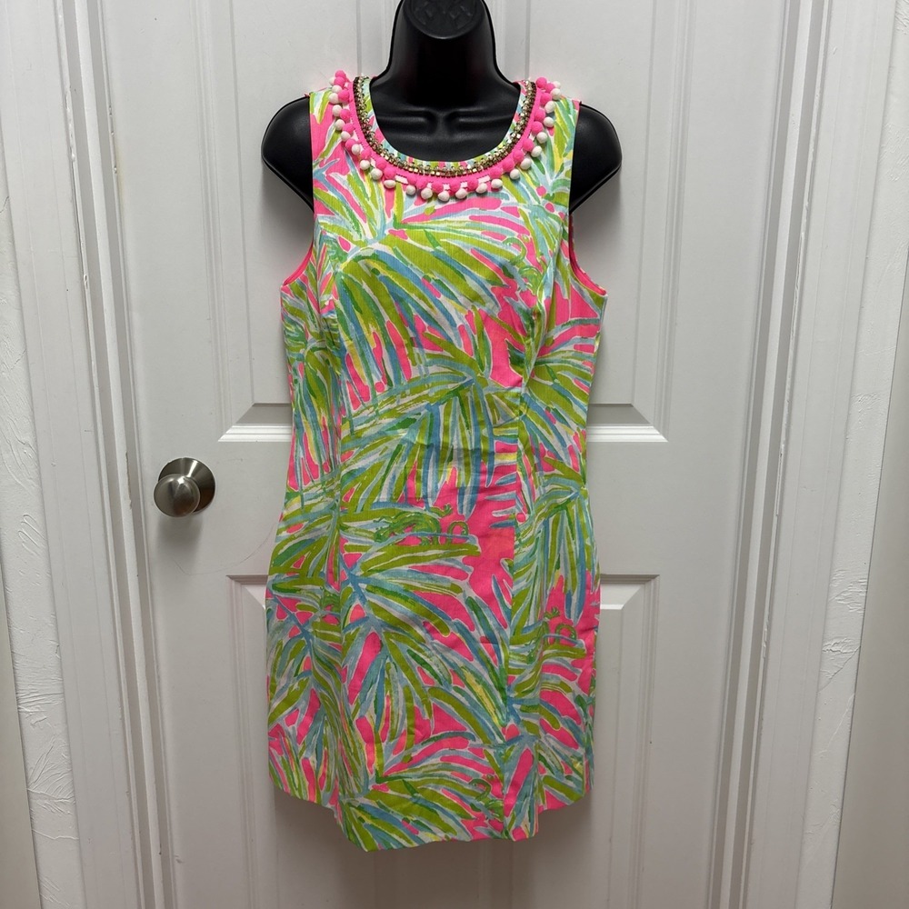 Lilly Pulitzer Mila Shift Dress‎ Tiki Pink Royal Lime Neon Floral Print Size 6